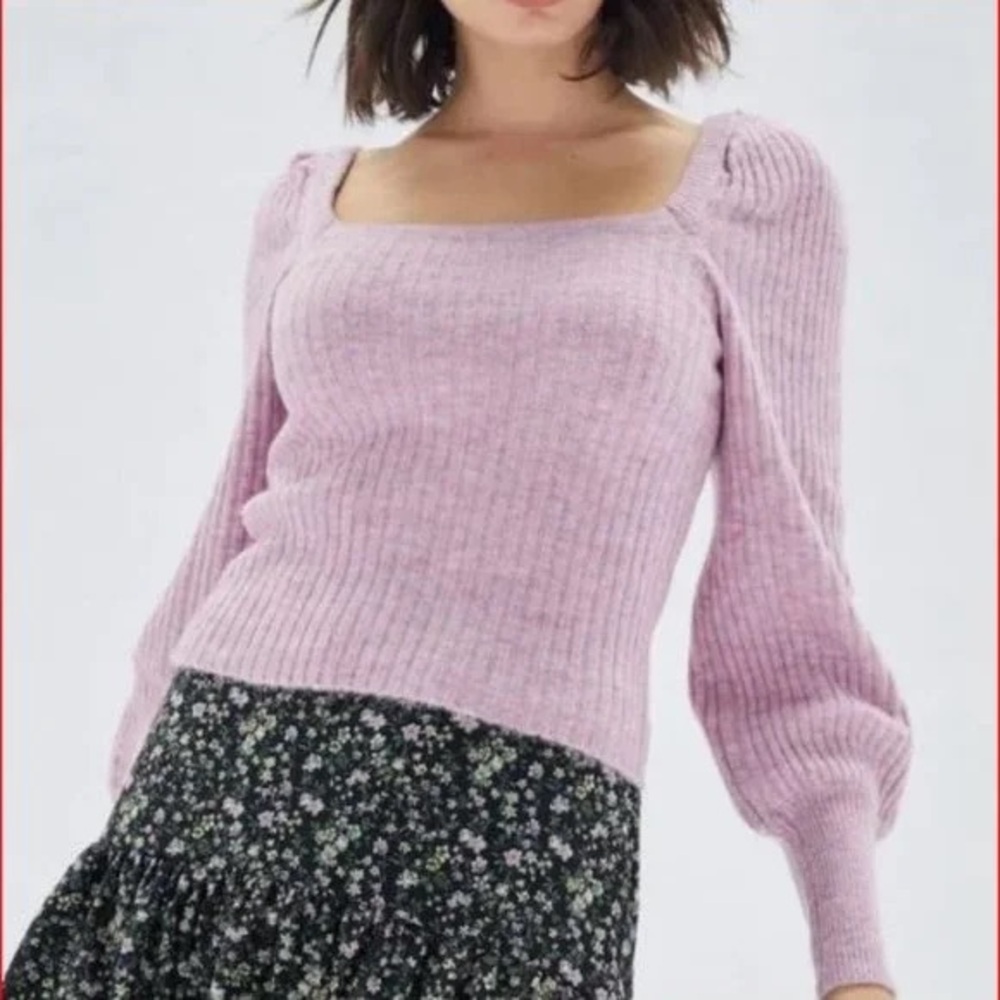 MinkPink Saeeda Square Neck Knit Stretchy Pink Lavender Puff Sleeves
